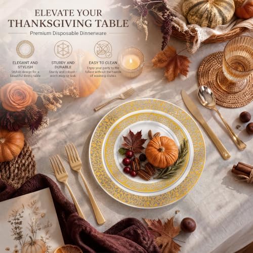 WDF 150PCS Gold Plastic Plates Set - Gold Plates 25Guests Gold Disposable Dinnerware Sets for Fall Party/Thanksgiving/Wedding - Image 3