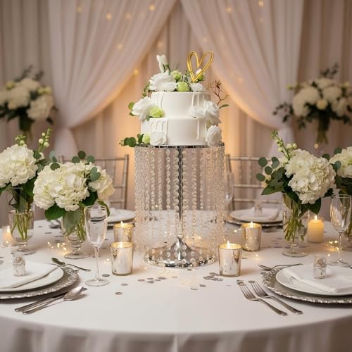 Wedding Cake Stand for Dessert Table 12 Inch Silver Crystal Pendants Metal Cake Stand Serves as A Round Dessert Cupcake Display Plate 16 Inch Tall (Silver) - Image 5