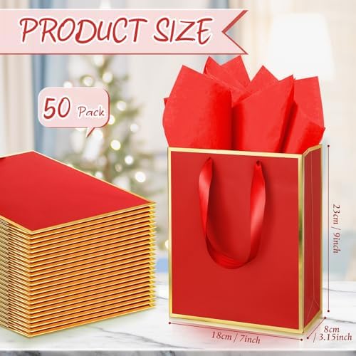Yeaqee 50 Pcs Metallic Paepr Gift Bags Bulk with Handles,Red Gold - Image 2