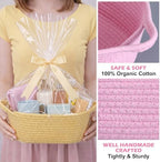 Hoolerry 8 Set Small Woven Gift Basket Empty with Bag Bow Raffia Pastel Cotton Rope Storage Box with Handle for Toy Storage Nursery Shelf Organizing Baby Shower Birthday Gift Basket, 12"x 8" x 5" - Image 4