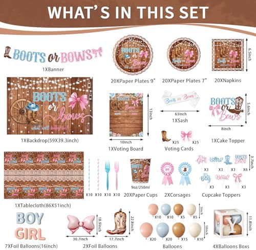 Boots Or Bows Gender Reveal Decorations, 313pcs Western Gender Reveal Decorations Plates and Napkins Cups Banner Backdrop Tablecloth Cake Topper Balloon for Boots Or Bows Gender Reveal Party Supplies - Image 6