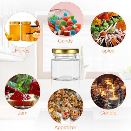 1.5 oz Mini Hexagon Glass Honey Jars 40 Pack, Gold Lids with Dipper & Jute - Image 4