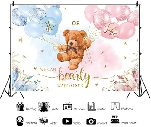 7x5ft Gender Reveal Backdrop Baby Bear Boy or Girl Photography Background Baby Shower Party Blue and Pink Banner Decorations Supplies Photo Booth Props - Image 2