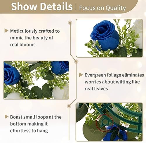 NUPTIO Flower Candle Rings for Centerpieces: 13.4 Inch Rose Wreath for Wedding Party Christmas - Royal Blue & White Wreaths for Spring Summer Front Door Porch Table Decor 2 Pcs - Image 5