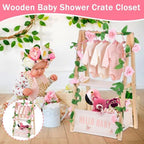 Double Layered Wooden Baby Shower Crate Closet Baby Storage Crate Hamper with Letters Garland and 10 Clothes Hangers Foldable Nursery Storage Crate for Girl Boy Pregnancy Gift - Image 5