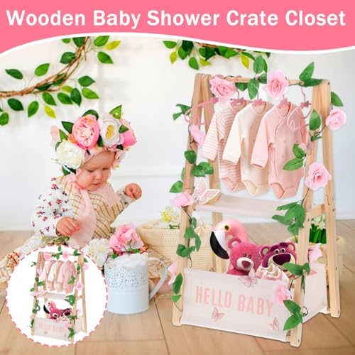 Double Layered Wooden Baby Shower Crate Closet Baby Storage Crate Hamper with Letters Garland and 10 Clothes Hangers Foldable Nursery Storage Crate for Girl Boy Pregnancy Gift - Image 5