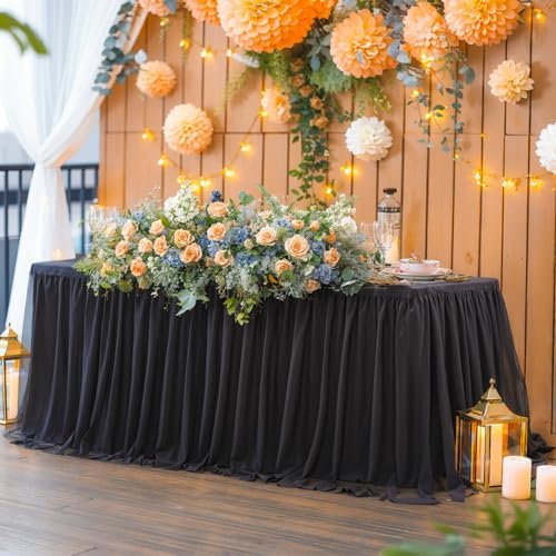Black Table Cloth Rectangle 6ft, Black Tulle Table Skirt Table Cover 6 Foot Rectangle Table Desk Skirt Birthday Party Wedding Banquet Tablecloth Buffet Fabric Elastic Stretch Fitted Ruffle Tablecloth - Image 2