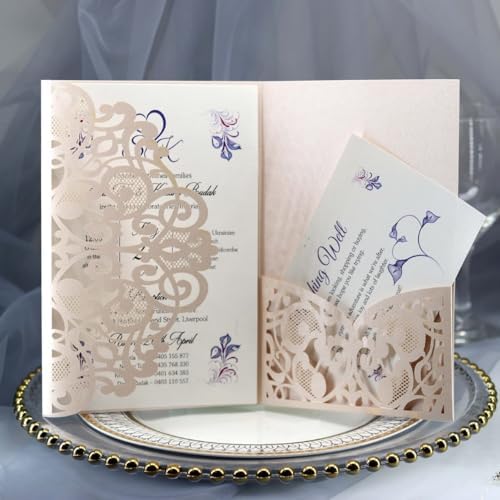 50PCS 3D Lace Flower Laser Cut Wedding Invitation Cards with Envelope Blank Inner Sheet Hollow Out Flower Shape Invitations for Wedding Quinceanera Birthday Shower Engagement Party 05 by Ykybhx