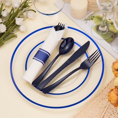 BESTSTAR 350PCS Clear and Blue Disposable Plastic Plates Set for 50 Guests - Image 3
