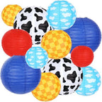 Whaline 12Pcs Cartoon Story Paper Lantern Kits Red Blue Cow Print Yellow Checkered Hanging Round Lanterns for Birthday Baby Shower Party Decoration by Whaline
