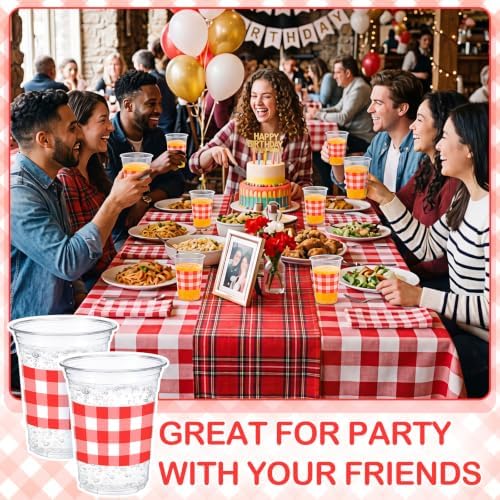 100 Pcs Red Gingham Plastic Cups for Party Decorations, 12 oz - Image 5