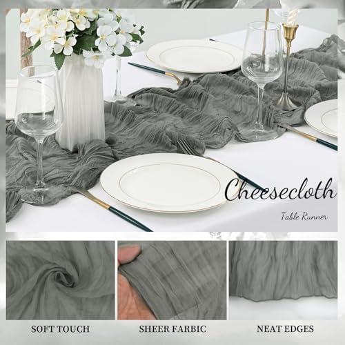 12 Pack Gray 10FT Cheesecloth Table Runner Rustic Gauze Fabric Cheese Cloth Table Runner for Wedding Bridal Baby Shower Table Decor 20 x 120 Inch Long Boho Sheer Birthday Party Table Decorations - Image 3