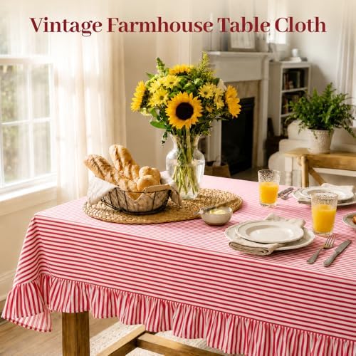 Red White Striped Ruffled Tablecloth Rectangle 55" x 70" Farmhouse Washed Cotton Table Cloth with Short Ruffle Cottage Table Cover for Boho Dining Room Kitchen Picnic Home Party Decoration - Image 6
