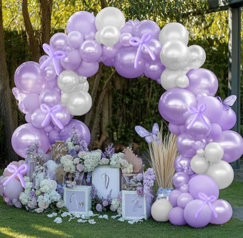 Purple White Balloon Arch Double Stuffed Pearl light Purple White Balloon Arch kit With Long Balloons for Wedding Bridal Baby Shower Birthday Engagement Party Decorations - Image 2