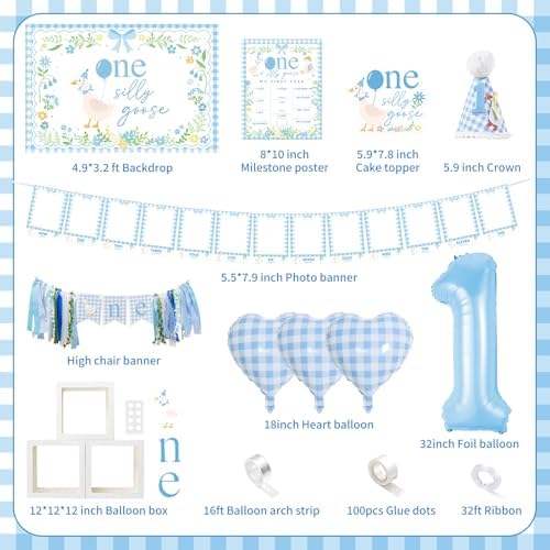 One Silly Goose Birthday Decorations, Blue Silly Goose First Birthday for Boys, Goose 1st Highchair Banner Balloon Garland Box Monthly Photo Cake Topper Hat Poster for Boys Funny Party Supplies - Image 5