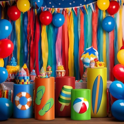 HunnmingRe 5 Pcs Summer Cylinder Pedestal Stand Covers Flexible Cylinder Stand Covers for Beach Tropical Party Backdrop Baby Shower Birthday Wedding Dessert Tables Decor Party Display Decor - Image 6