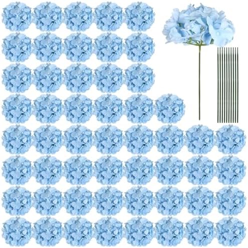 Auihiay 64pcs Blue Hydrangea Artificial Flowers, Artificial Hydrangea Flowers with Stems, Faux Hydrangea Flowers for Wedding Centerpieces, Baby Shower, Birthday Party Decoration by Auihiay