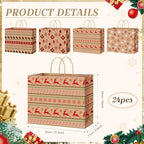 Gueevin 24 Piece Large Christmas Kraft Gift Bags with Handle 12.5 x 10 x 4.5 Inch Xmas Holiday Paper Treat Candy Goodie Bags with Snowflake Elk Socks Patterns for Christmas Party Favor Present Giving - Image 3