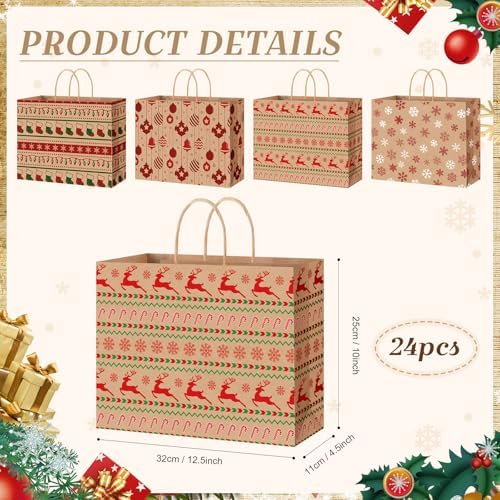 Gueevin 24 Piece Large Christmas Kraft Gift Bags with Handle 12.5 x 10 x 4.5 Inch Xmas Holiday Paper Treat Candy Goodie Bags with Snowflake Elk Socks Patterns for Christmas Party Favor Present Giving - Image 3