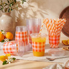 Sliner 50 Sets Orange White Gingham Plaid Party Plastic Cups 16oz - Image 4