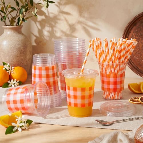 Sliner 50 Sets Orange White Gingham Plaid Party Plastic Cups 16oz - Image 4