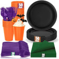 200pcs Black Orange Purple Plastic Plates Party Supplies, Disposable 9’’Dinner Plates and Napkins, Cups & Cutlery Plastic Dinnerware Set for Halloween, Birthday, Themed Party, Serves 50 Guests by UseOnceDoneRight