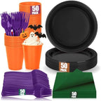 200pcs Black Orange Purple Plastic Plates Party Supplies, Disposable 9’’Dinner Plates and Napkins, Cups & Cutlery Plastic Dinnerware Set for Halloween, Birthday, Themed Party, Serves 50 Guests by UseOnceDoneRight