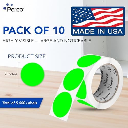 Perco Neon Green Perforated Round Circle Dot Sticker 2-Inch Labels — 10 Rolls, 5,000 Stickers - in Stock, Ready & Promo Labels, High Visibility, Strong Adhesive—Made in USA - Image 2