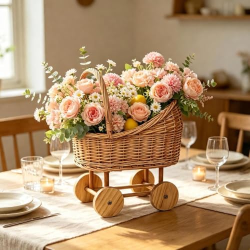 HAOPAIXW 15.7" Wicker Baby Carriage for Baby Shower, Woven Rattan Stroller Basket with 2 Artificial Flower Bouquets, Vintage Floral Centerpiece Planter Gender Reveal Basket (Basket+Flower Bouquets) by Unknown