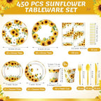 450 Pcs Tableware Set, Serve 50, Yellow, Sunflower Birthday - Image 2