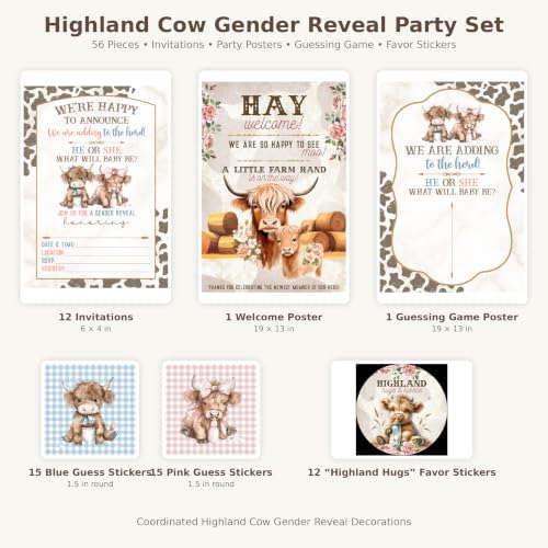 Baby Highland Cow Gender Reveal Farm Party Supplies 56 Piece Set - Image 3
