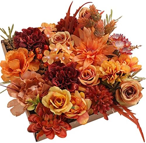 Artificial Flowers 25pcs Real Looking Red Silk Fake Flowers Combo with Stems for DIY Wedding Bouquets Bridal Shower Centerpieces Party Decorations (Orange) by RUIDKUN