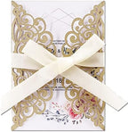 50Pcs Laser Cut Wedding Invitation With Glitter Envelopes And Ribbons Blank Personalized Card Invitaciones Para quinceañera Birthday Baby Shower Christmas Party Bridal Shower (Gold) by Fashmade