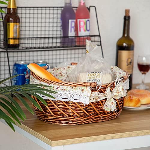 YRJJ Wicker Picnic Basket with Handles & Liner Oval Empty Gift Basket Willow Woven Easter Eggs & Candy Storage Basket Fruit Serving Basket Kids Blanket Toy Organizer, 1 - Image 2