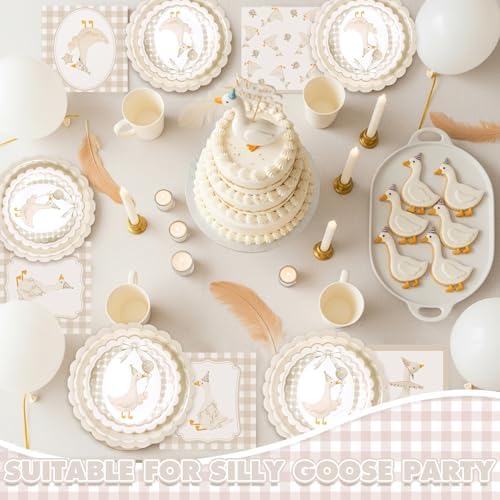 Zhehao 350 Pcs One Silly Goose Birthday Party Tableware Set Beige Bow Scalloped Baby Shower Plates Cup Napkins Forks for Birthday Party Decorations Supplies for 50 Guests - Image 4