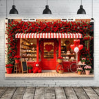 15x10ft Valentines Day Photography Backdrop Red Rose Bakery Storefront Background with Heart Balloons Bear Bicycle Cake Shop Brick Wall Floral Decor for Portrait Photo Booth Party Decoration by ASDCXZ