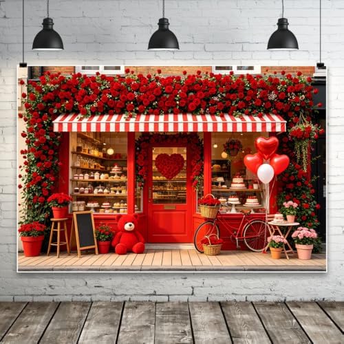 15x10ft Valentines Day Photography Backdrop Red Rose Bakery Storefront Background with Heart Balloons Bear Bicycle Cake Shop Brick Wall Floral Decor for Portrait Photo Booth Party Decoration by ASDCXZ