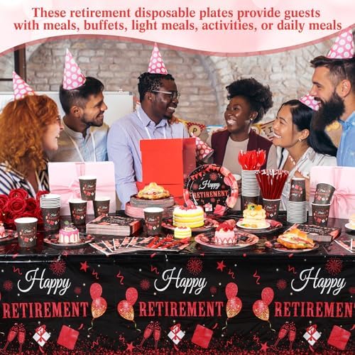 Funnymoom 452 Pcs Retirement Party Decorations Supplies Set Include Red Black Retirement Paper Plates Napkins Cups Tablecloth Cutlery Straws for Men Women Say Goodbye Party - Image 4