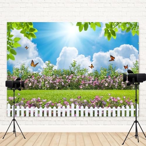 15x8ft Spring Backdrop Blue Sky White Cloud Photography Background Green Grass Flowers Butterfly Garden Fence Wedding Party Banner Decorations Birthday Baby Shower Portrait Photo Booth Prop - Image 4
