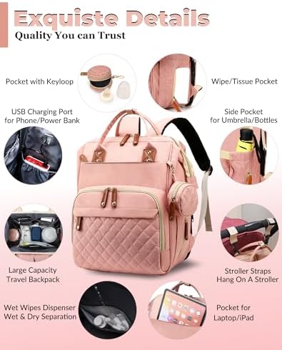 Diaper Bag with Changing Station, Waterproof 3 in 1 Diaper Backpack with Foldable Changing Pad, Large Travel Backpack for Mom & Dad, Baby Gift for Girl & Boy,Pink - Image 3