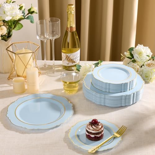 realluck 200PCS Light Blue Plastic Plates with Gold Trim Baroque - Image 7
