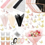 Qilery 334 Pcs Flower Wrapping Paper Set,153 Waterproof Floral Bouquet Wrapping Paper,72 3D Gold Butterfly Decoration,100 Pins, 6 Crowns and 3 Ribbons for DIY Craft(Pretty Color) by Qilery