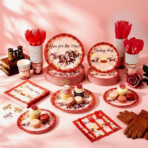 Funnymoom 400 Pcs Derby Run for The Roses Party Supplies, Horse Racing Paper Plates Napkins Cups Cutlery Set, Western Cowboy Disposable Dinnerware for Preakness Party Bridal Shower, Serves 50 Guests - Image 6