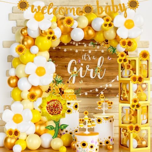 Hombae Sunflower Baby Shower Decorations, Baby Shower Decorations, Sunflower Themed Balloon It’s a Girl Backdrop Welcome Baby Glitter Banner Box Cutouts Cake Topper Daisy Sunflower Gold Yellow by Hombae