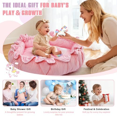 5-in-1 Baby Gym Play Mat with Cartoon Pattern, Extra Thick Plush Tummy Time Activity Gym with Hanging Toys, Sensory Development & Motor Skills Training Floor Mat, Unicorn - Image 7