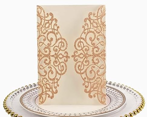 50pcs 5x7 Rose Gold Glitter Wedding Invitations Cards Laser Cut Pocket Invites Covers only, no envelope,no insert for Wedding Quinceanera Bridal Shower Baby Shower Party Invite by LUCKYSTAR