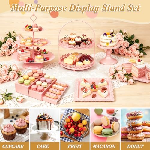 10 Pcs Pink Cake Stand Set Metal Cupcake Stands, Multiple Styles Dessert Display Tower for Candy Fruit, Cake Serving Trays for Birthday, Wedding, Anniversary, Baby Shower, Engagement Party - Image 4