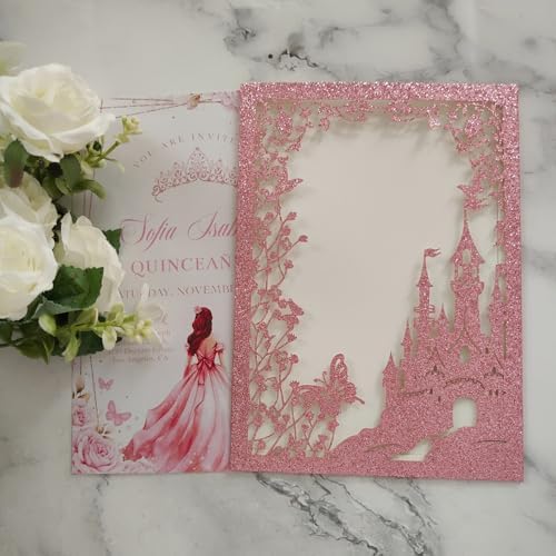 20PCS Castle Pocket Invitations, Quinceanera Invitations with Envelopes, Princess Invitation, Laser Cut quince invites (glitter pink) - Image 5