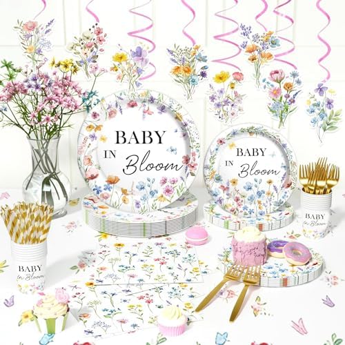 Hombae Baby in Bloom Baby Shower Decorations, 194PCs Spring Wildflower Party Supplies Wild Flower Tableware with Balloons Floral Banner Plates Napkins Forks Straws Service 24 - Image 6