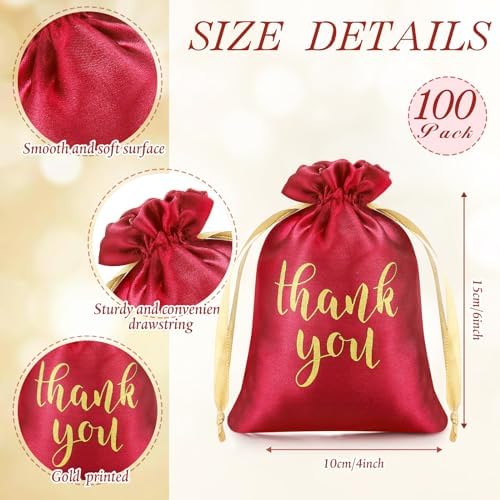 Roowest 4 x 6 Inch 100 Pcs Thank You Satin Gift Bags, Red - Image 2